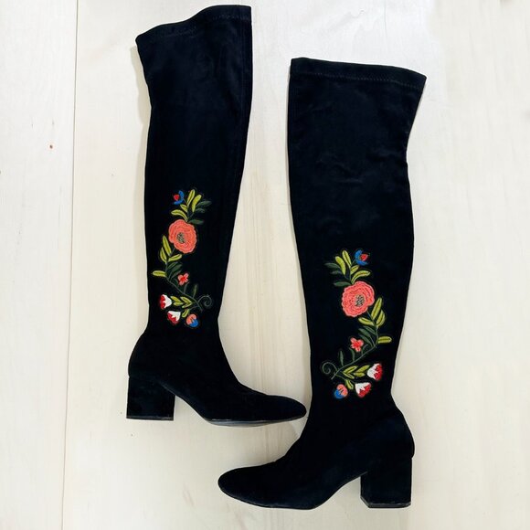 Patrizia Spring Step Mariachi Boots Over Knee Black Floral Sz 9.5/EU 40 Stretch - Picture 2 of 6